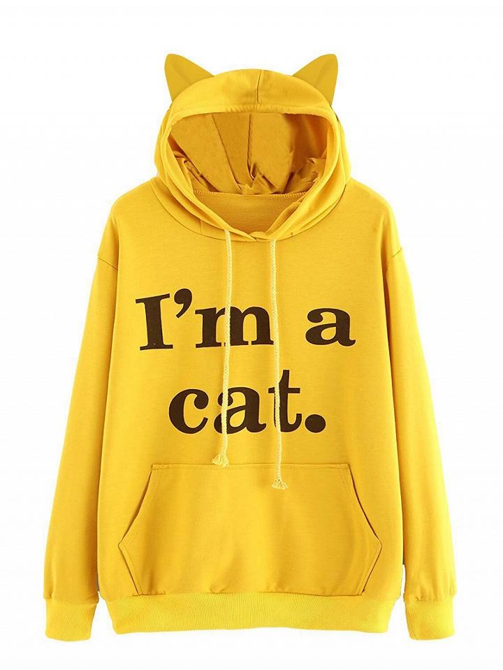 Choies Yellow Letter Print Pouch Pocket Front Long Sleeve Cat Ear Hoodie