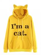 Choies Yellow Letter Print Pouch Pocket Front Long Sleeve Cat Ear Hoodie