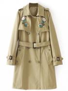 Choies Khaki Embroidery Foral Belted Waist Classic Trench Coat