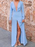 Choies Blue Plunge Thigh Split Front Long Sleeve Chic Women Maxi Dress