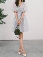 Choies Gray V-neck 3d Flower Detail Puff Sleeve Chic Women Mesh Mini Dress