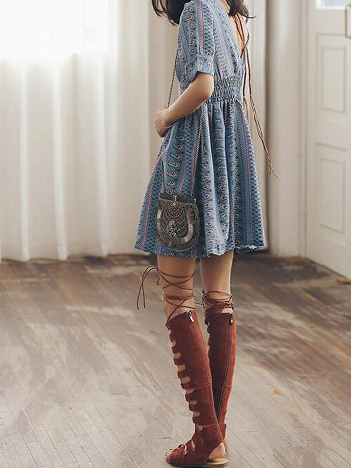 Choies Polychrome V-neck Floral Print Open Back Chic Women Mini Dress