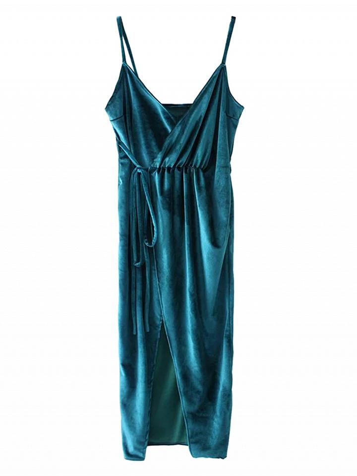 Choies Peacock Blue Wrap V-neck Split Velvet Cami Dress