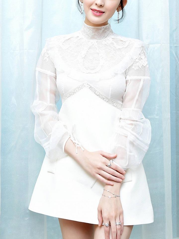 Choies White High Neck Lace Panel Sheer Sleeve A-line Mini Dress
