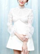 Choies White High Neck Lace Panel Sheer Sleeve A-line Mini Dress