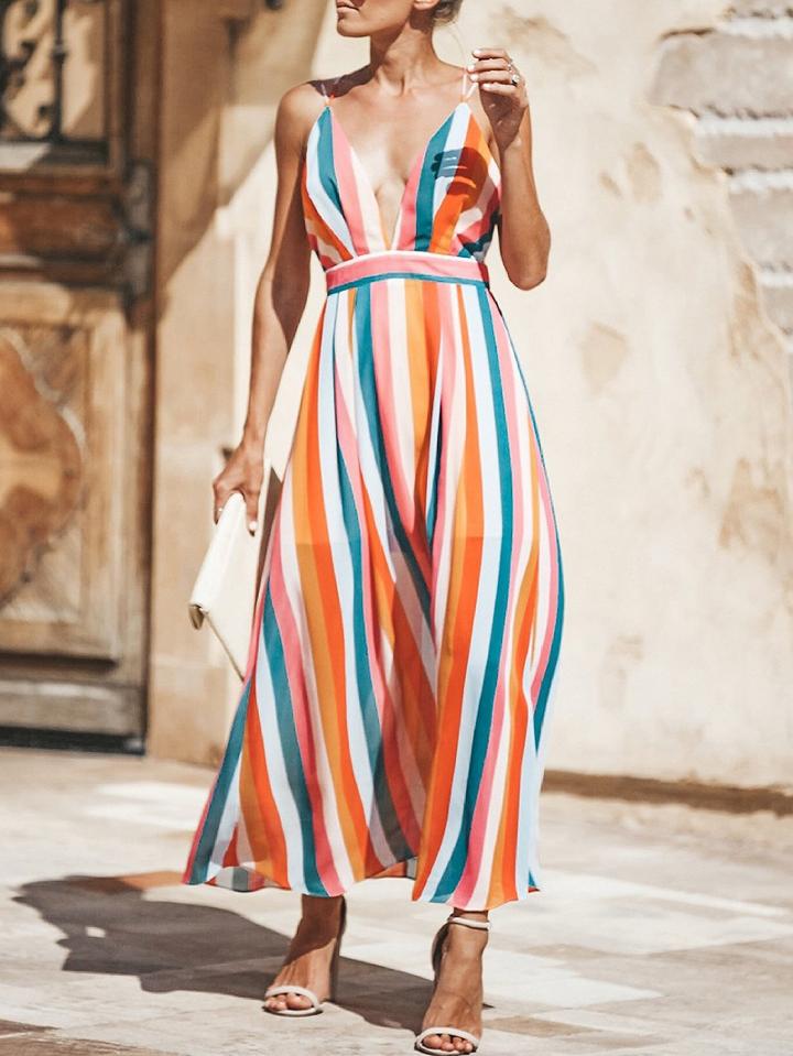 Choies Polychrome Stripe Cotton Plunge Open Back Chic Women Cami Maxi Dress