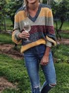 Choies Multicolor Stripe V-neck Puff Sleeve Women Knit Sweater