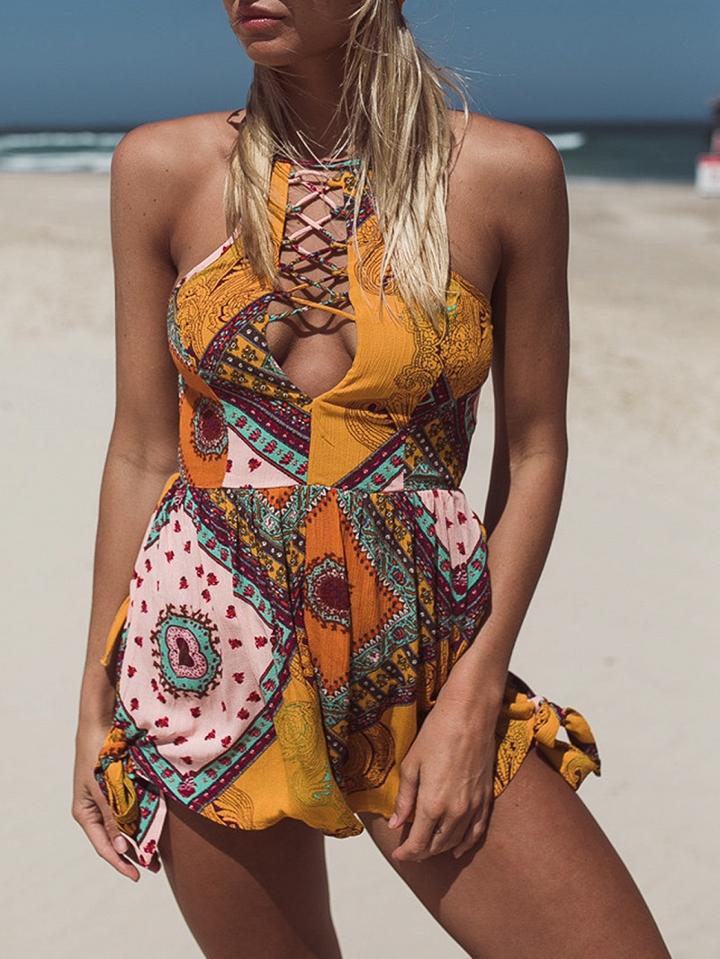 Choies Yellow Folk Print Lace Up Detail Open Back Chic Women Romper Playsuit