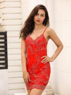 Choies Red V-neck Embroidery Spaghetti Strap Bodycon Mini Dress