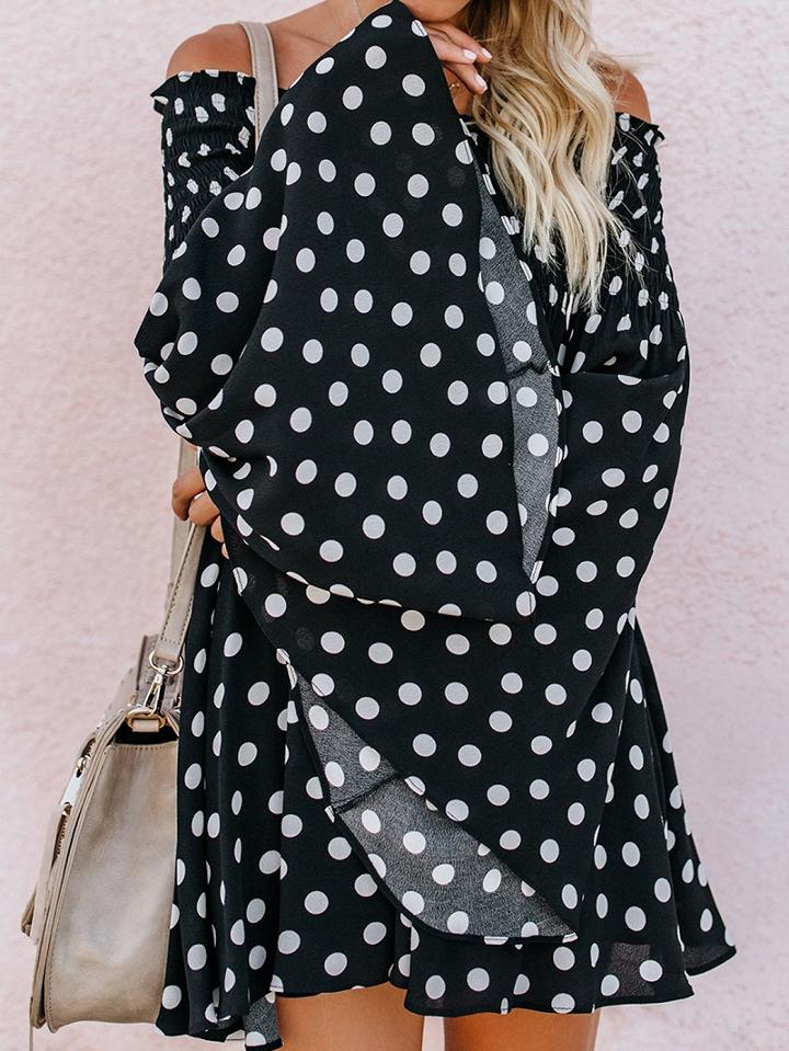 Choies Dark Blue Polka Dot Off Shoulder Flare Sleeve Chic Women Mini Dress