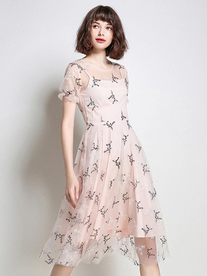 Choies Pink Embroidery Detail Lining Mesh Dress