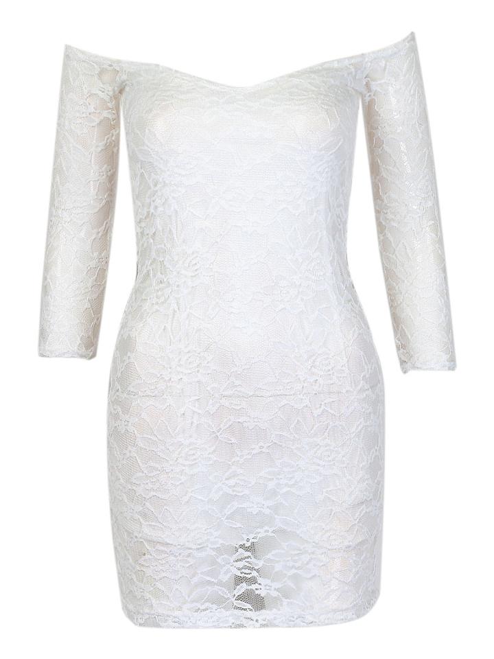 Choies White Off Shoulder 3/4 Sleeve Lace Bodycon Dress