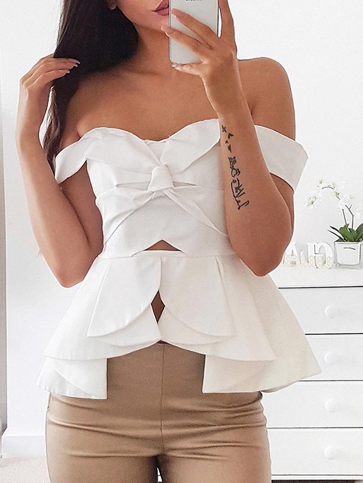 Choies White Off Shoulder Knot Front Open Back Chic Women Blouse