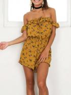 Choies Yellow Floral Print Off Shoulder Ruffle Romper Playsuit