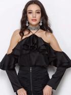 Choies Black Halter Cold Shoulder Layer Ruffle Long Sleeve Blouse