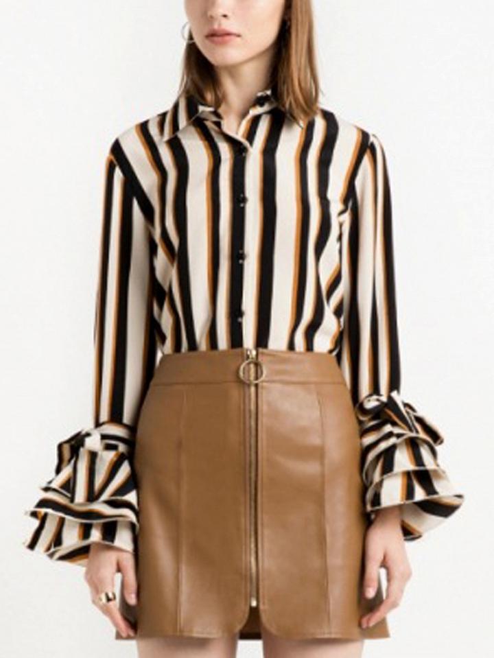 Choies Beige Stripe Tie Cuff Layered Flare Sleeve Shirt