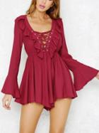 Choies Red Plunge Lace Up Front Ruffle Trim Flare Sleeve Playsuit