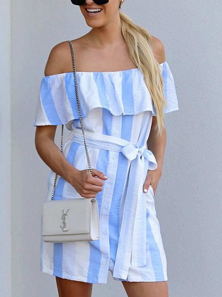 Choies Blue Stripe Cotton Off Shoulder Tie Waist Chic Women Mini Dress