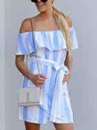 Choies Blue Stripe Cotton Off Shoulder Tie Waist Chic Women Mini Dress