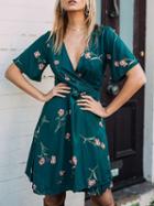 Choies Dark Green Plunge Floral Print Tie Waist Dress