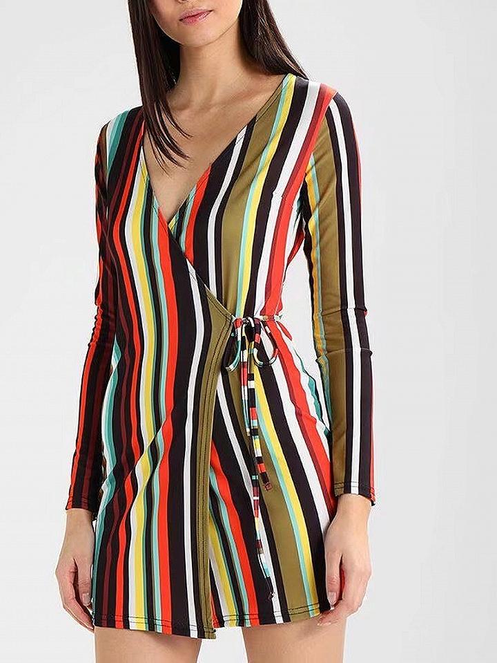 Choies Polychrome Stripe V-neck Tie Waist Long Sleeve Mini Dress
