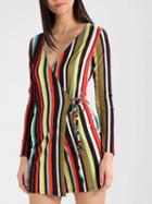 Choies Polychrome Stripe V-neck Tie Waist Long Sleeve Mini Dress