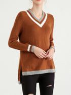 Choies Brown V-neck Contrast Panel Split Side Long Sleeve Knit Sweater