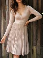 Choies Beige Plunge Tie Waist Long Sleeve Knitted Pleated Dress