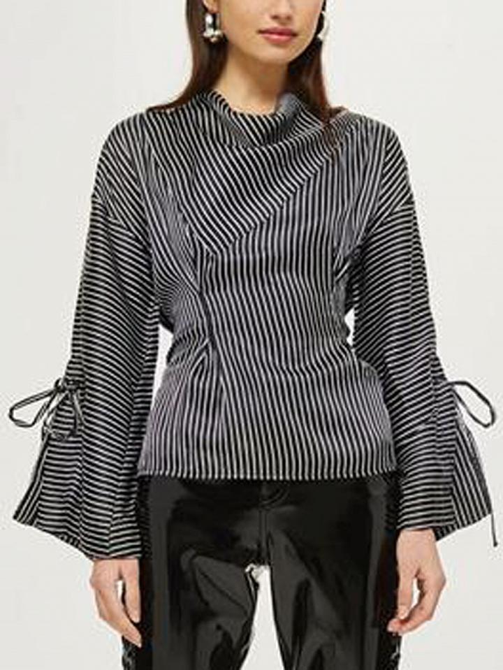 Choies Monochrome Stripe Tie Waist Flare Sleeve Blouse