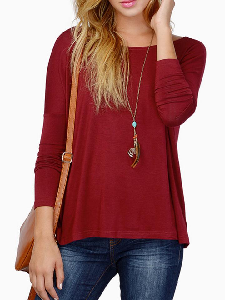Choies Wine Red Batwing Long Sleeve T-shirt
