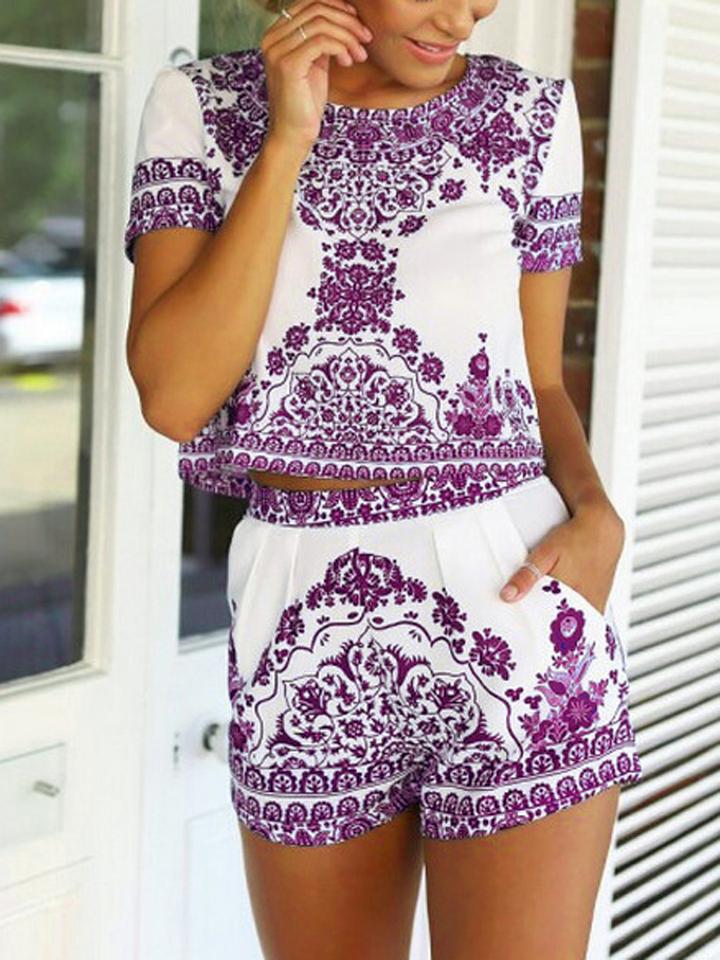 Choies Purple Tile Print Short Sleeve Crop Top With Shorts