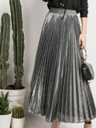 Choies Silver Cotton Blend High Waist Pleated Detail Maxi Skirt