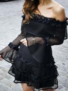 Choies Black Off Shoulder Ruffle Hem Flare Sleeve Chic Women Lace Mini Dress