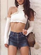 Choies White Halter Ruched Detail Long Sleeve Ribbed Crop Top