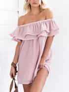 Choies Pink Off Shoulder Double Layer Ruffle Chiffon Dress