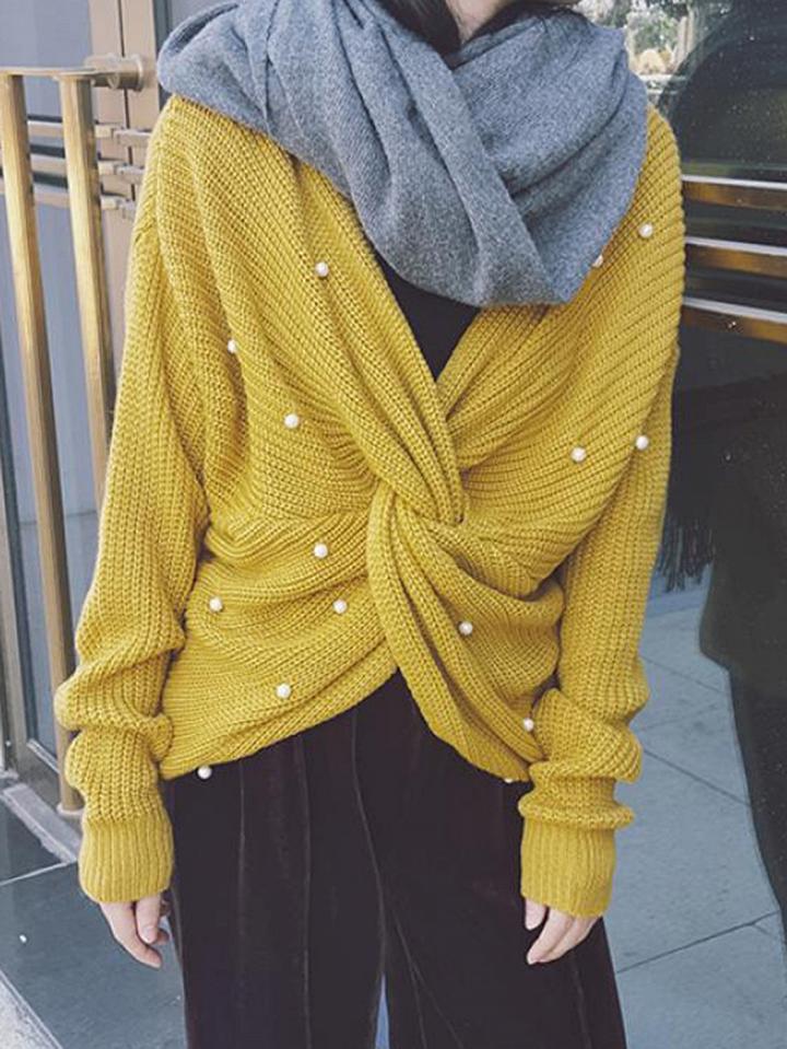 Choies Yellow Beaded Detail Open Back Long Sleeve Knit Sweater