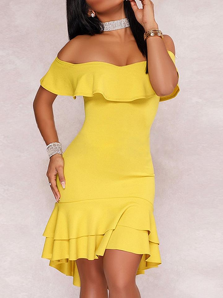 Choies Yellow Off Shoulder Ruffle Trim Bodycon Hi-lo Dress
