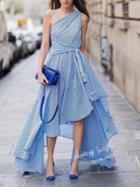 Choies Blue Stripe One Shoulder Tie Waist Asymmetric Hem Maxi Dress