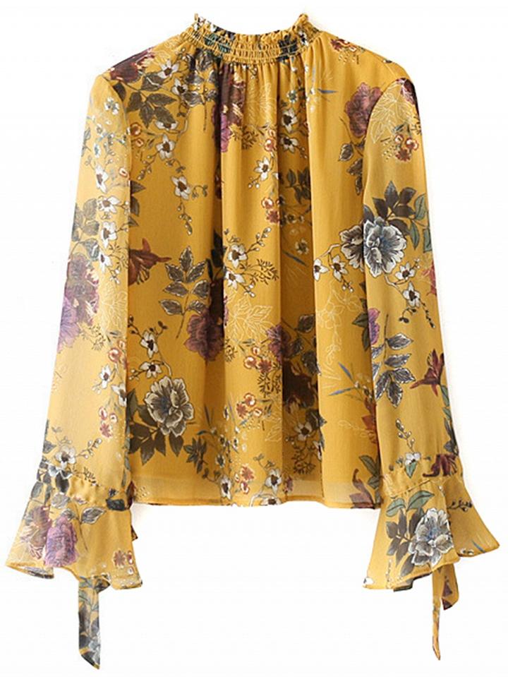 Choies Yellow Floral Print Tie Cuff Flare Sleeve Blouse