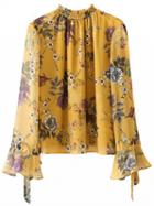 Choies Yellow Floral Print Tie Cuff Flare Sleeve Blouse