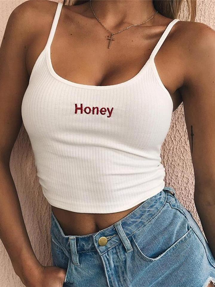 Choies White Spaghetti Strap Letter Embroidery Crop Tank