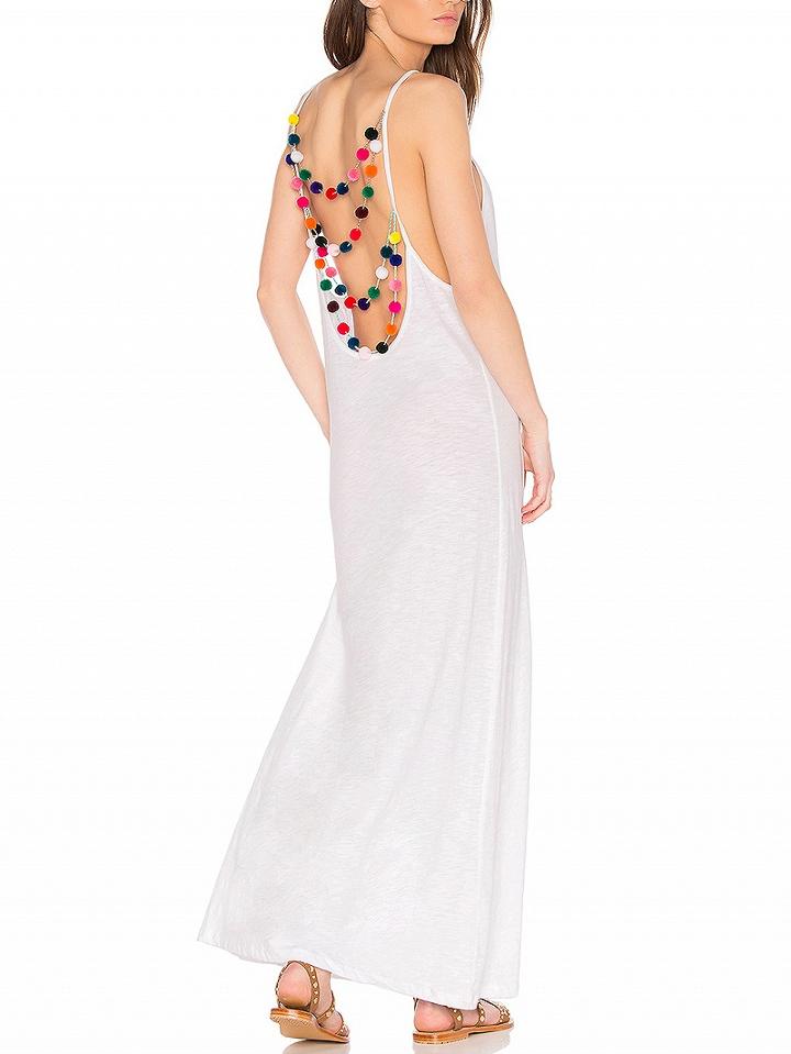 Choies White V-neck Backless Pom Pom Detail Cami Maxi Dress