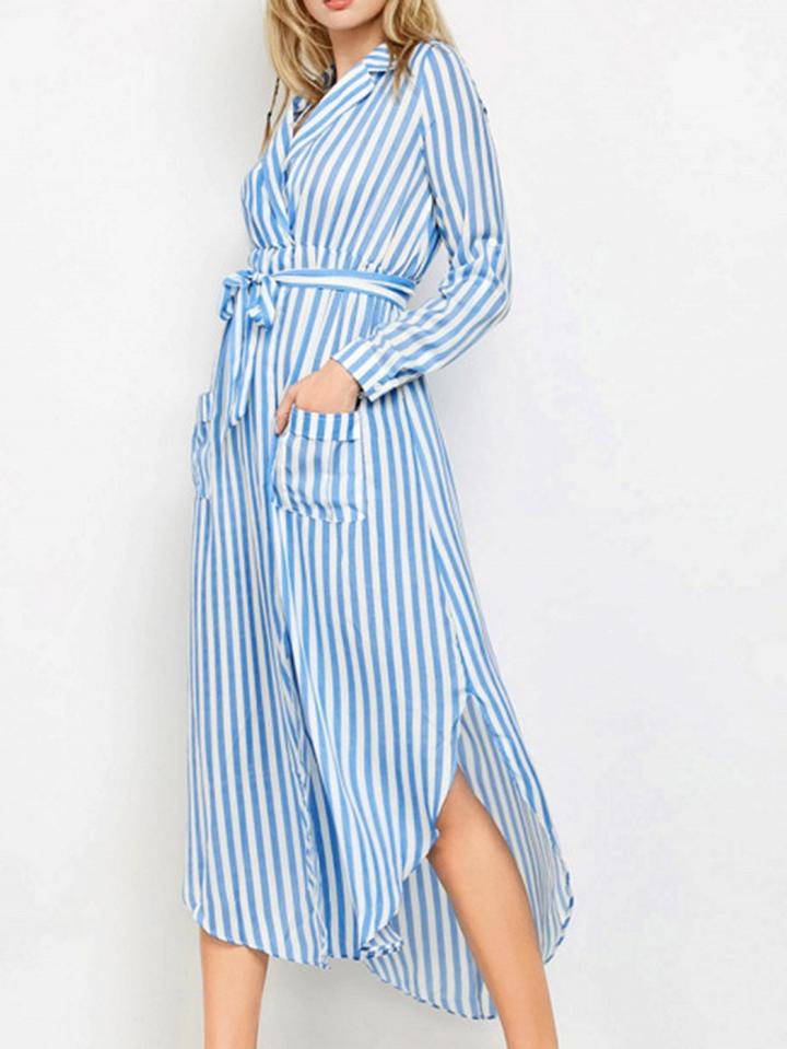 Choies Blue Stripe Cotton V-neck Tie Waist Long Sleeve Chic Women Maxi Dress