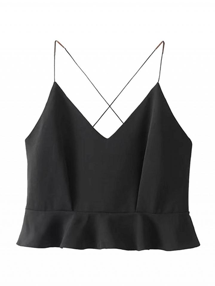 Choies Black V Neck Cross Back Ruffle Hem Cami Crop Top