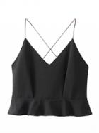 Choies Black V Neck Cross Back Ruffle Hem Cami Crop Top