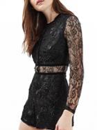 Choies Black Embroidery Sheer Sleeve Lace Romper Playsuit