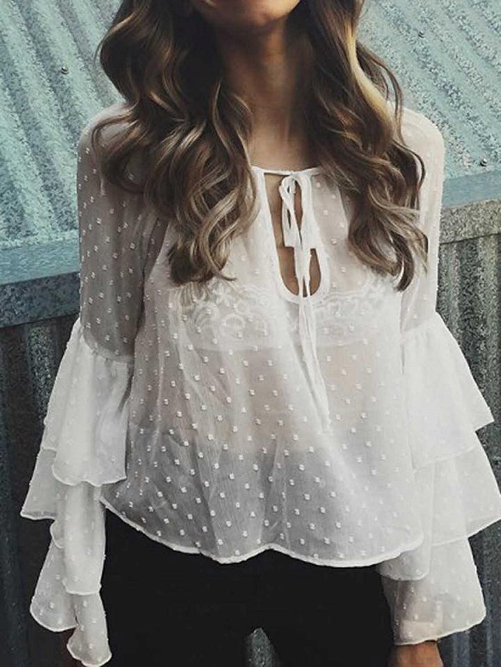 Choies White Cotton Polka Dot Print Layered Ruffle Sleeve Sheer Blouse