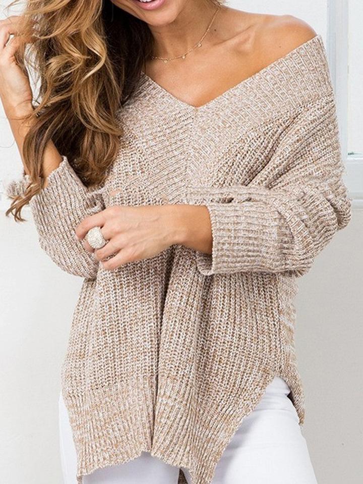 Choies Khaki Cold Shoulder V-neck Long Sleeve Chic Women Knit Sweater