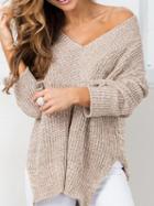 Choies Khaki Cold Shoulder V-neck Long Sleeve Chic Women Knit Sweater