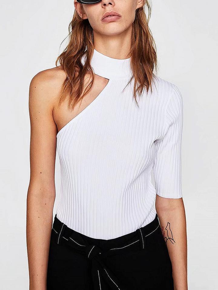 Choies White High Neck One Shoulder Ribbed Top